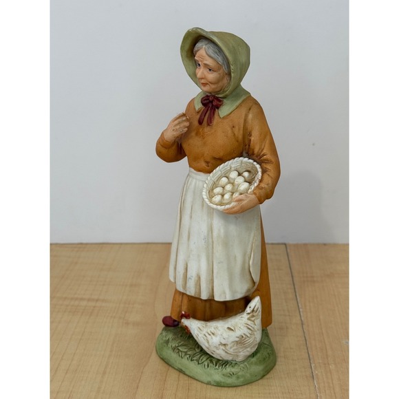 Vintage Porcelain Farm Woman Figurine with Eggs and Hen 1426 Bisque 8.5 Inch - Picture 2 of 6